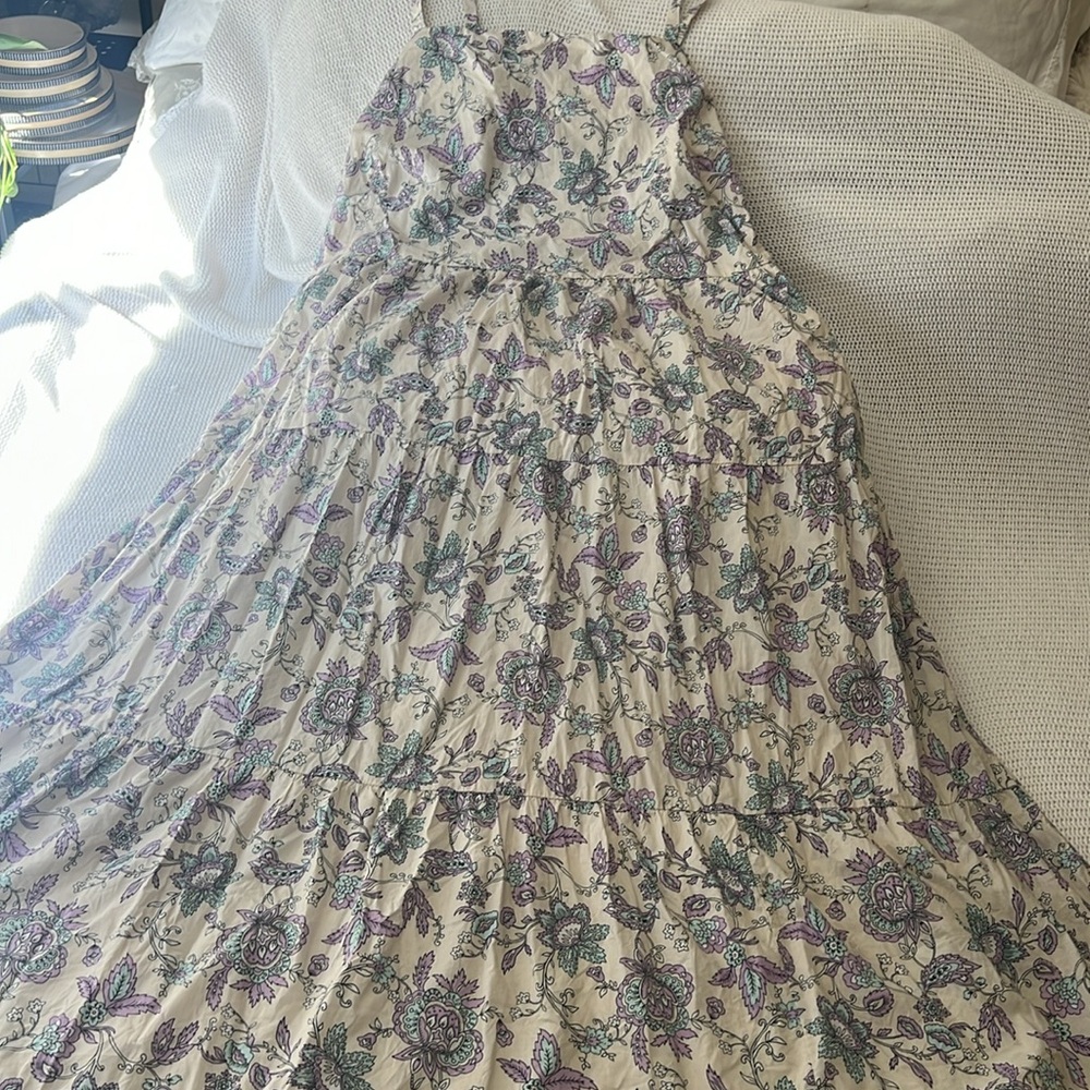 Floral Sun Dress Cream,Lavender & Light Blue Cotton Maxi Dress Tiers NWOT sz20 - Picture 2 of 15